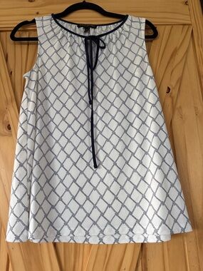 Banana Republic White Sleeveless A-Line Skirt with Navy Lattice